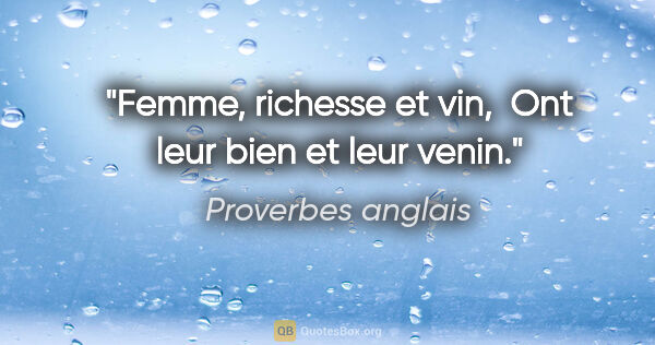 Proverbes anglais citation: "Femme, richesse et vin,  Ont leur bien et leur venin."
