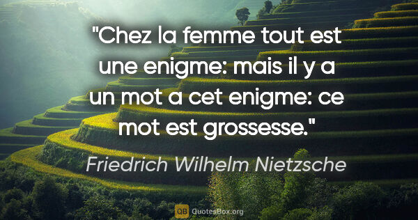 Friedrich Wilhelm Nietzsche citation: "Chez la femme tout est une enigme: mais il y a un mot a cet..."