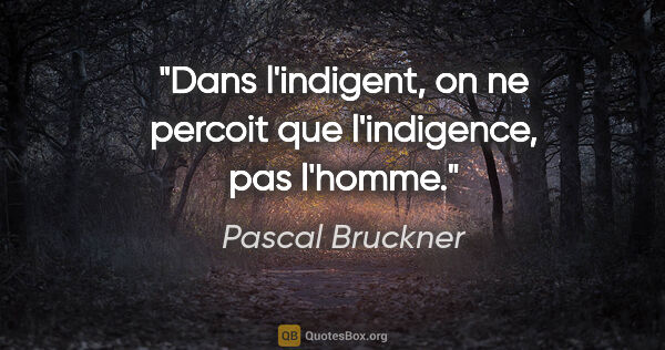 Pascal Bruckner citation: "Dans l'indigent, on ne percoit que l'indigence, pas l'homme."