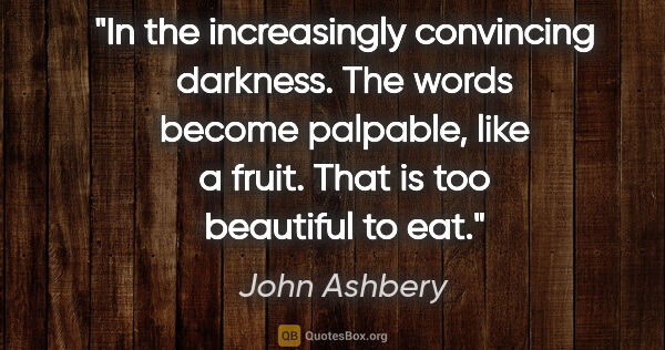 John Ashbery quote: "In the increasingly convincing darkness. The words become..."