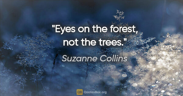 Suzanne Collins quote: "Eyes on the forest, not the trees."