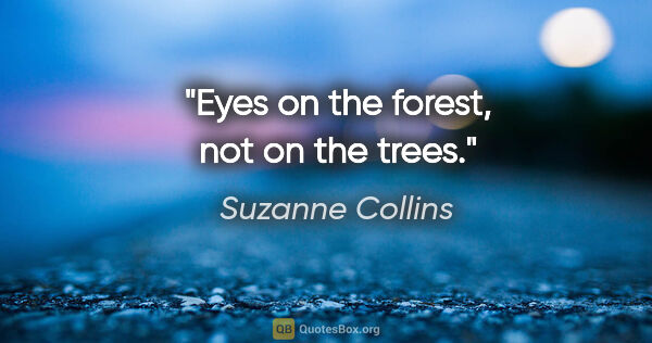 Suzanne Collins quote: "Eyes on the forest, not on the trees."