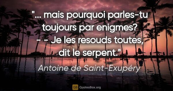 Antoine de Saint-Exupéry citation: " mais pourquoi parles-tu toujours par enigmes? - - Je les..."