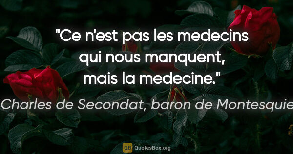 Charles de Secondat, baron de Montesquieu citation: "Ce n'est pas les medecins qui nous manquent, mais la medecine."