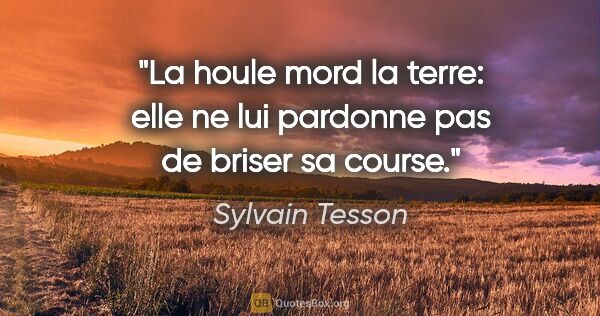 Sylvain Tesson citation: "La houle mord la terre: elle ne lui pardonne pas de briser sa..."