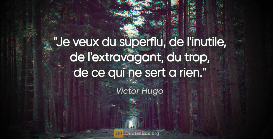 Victor Hugo citation: "Je veux du superflu, de l'inutile, de l'extravagant, du trop,..."