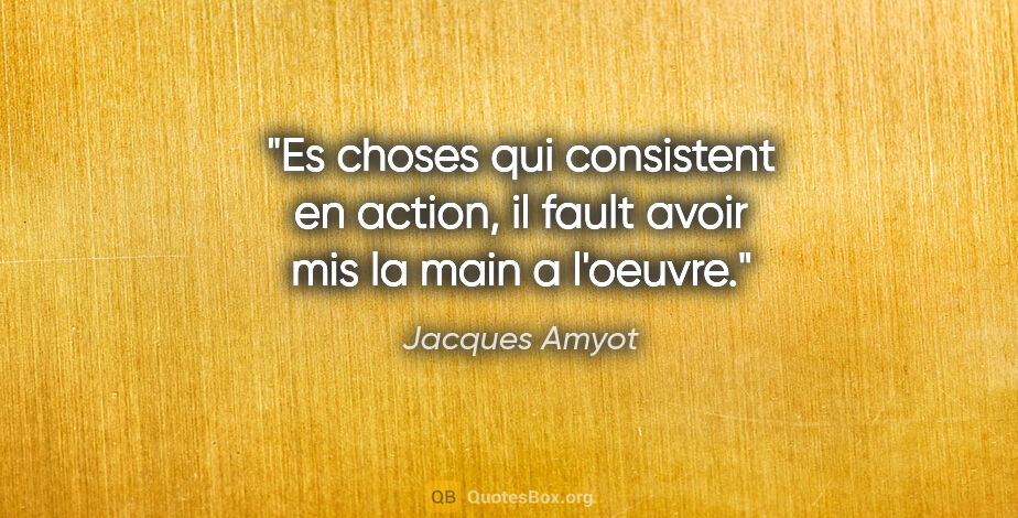 Jacques Amyot citation: "Es choses qui consistent en action, il fault avoir mis la main..."