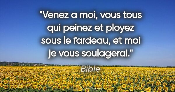 Bible citation: "Venez a moi, vous tous qui peinez et ployez sous le fardeau,..."