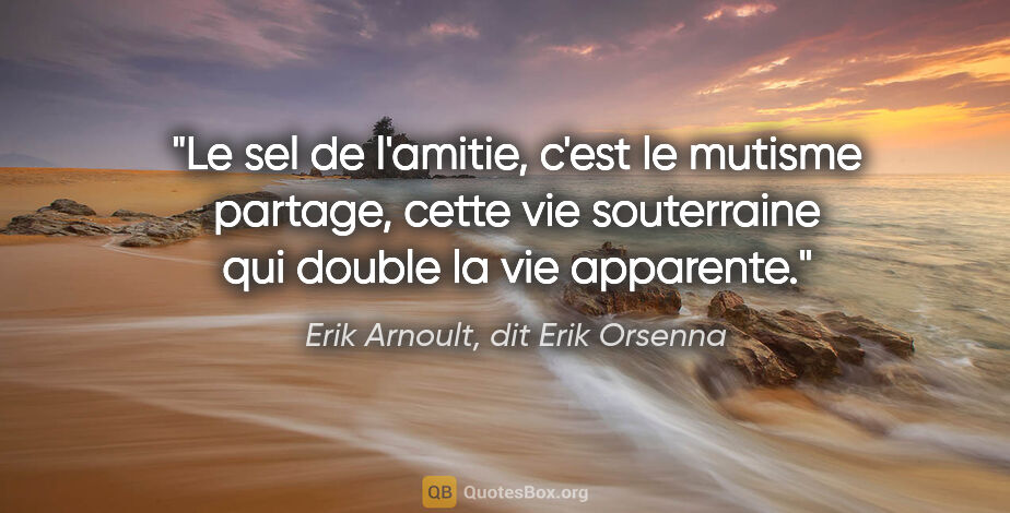 Erik Arnoult, dit Erik Orsenna citation: "Le sel de l'amitie, c'est le mutisme partage, cette vie..."