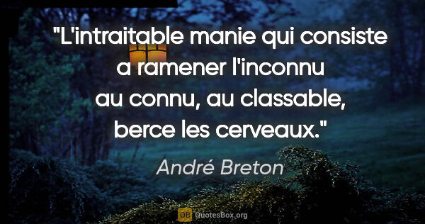 André Breton citation: "L'intraitable manie qui consiste a ramener l'inconnu au connu,..."