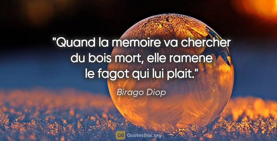 Birago Diop citation: "Quand la memoire va chercher du bois mort, elle ramene le..."