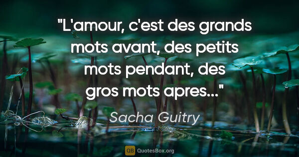 Sacha Guitry citation: "L'amour, c'est des grands mots avant, des petits mots pendant,..."