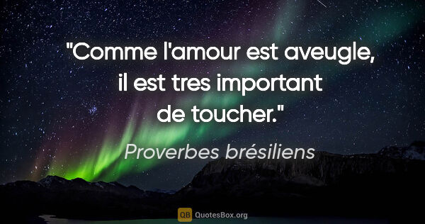Proverbes brésiliens citation: "Comme l'amour est aveugle, il est tres important de toucher."