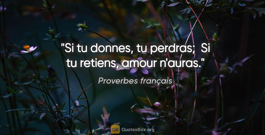 Proverbes français citation: "Si tu donnes, tu perdras;  Si tu retiens, amour n'auras."