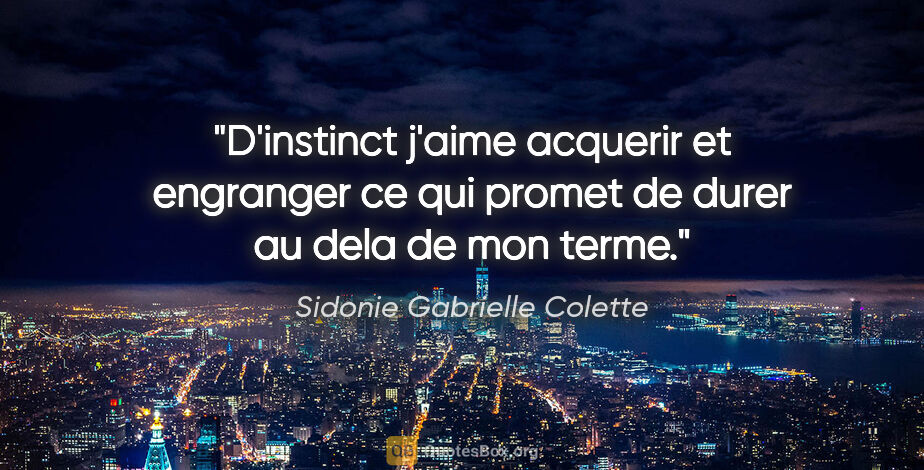 Sidonie Gabrielle Colette citation: "D'instinct j'aime acquerir et engranger ce qui promet de durer..."