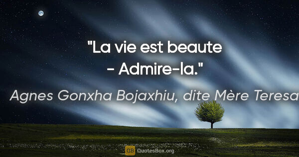 Agnes Gonxha Bojaxhiu, dite Mère Teresa citation: "La vie est beaute - Admire-la."