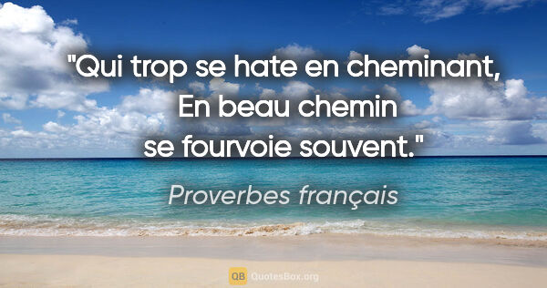 Proverbes français citation: "Qui trop se hate en cheminant,  En beau chemin se fourvoie..."