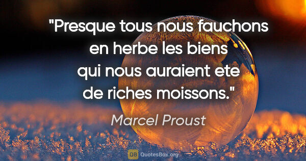 Marcel Proust citation: "Presque tous nous fauchons en herbe les biens qui nous..."