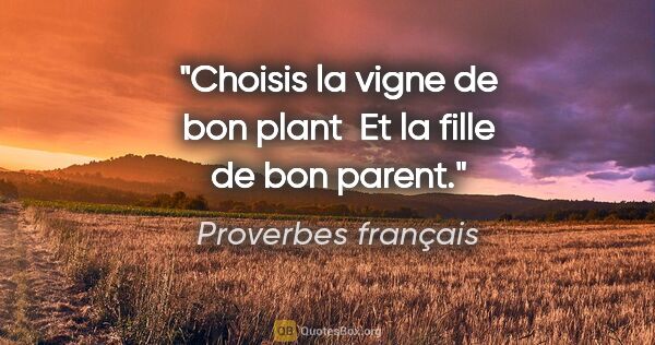 Proverbes français citation: "Choisis la vigne de bon plant  Et la fille de bon parent."