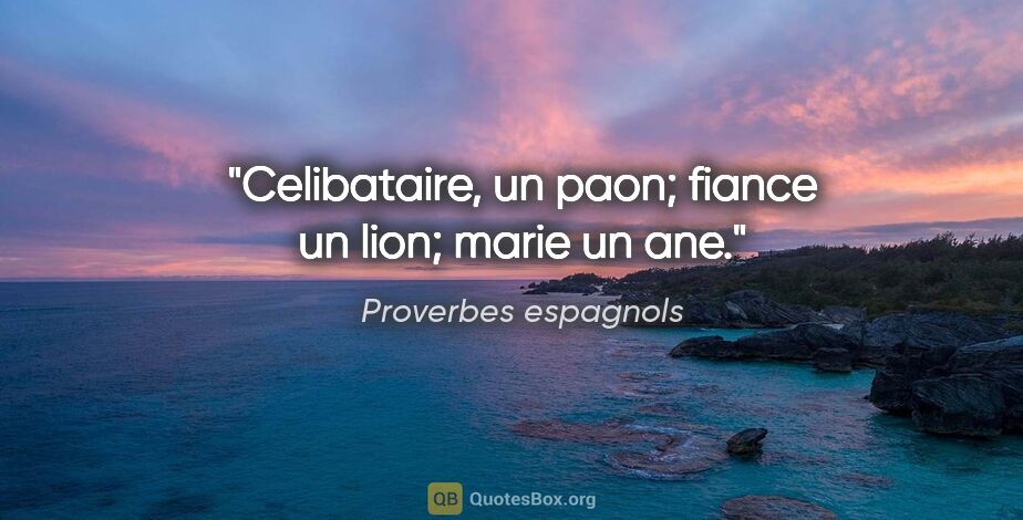 Proverbes espagnols citation: "Celibataire, un paon; fiance un lion; marie un ane."