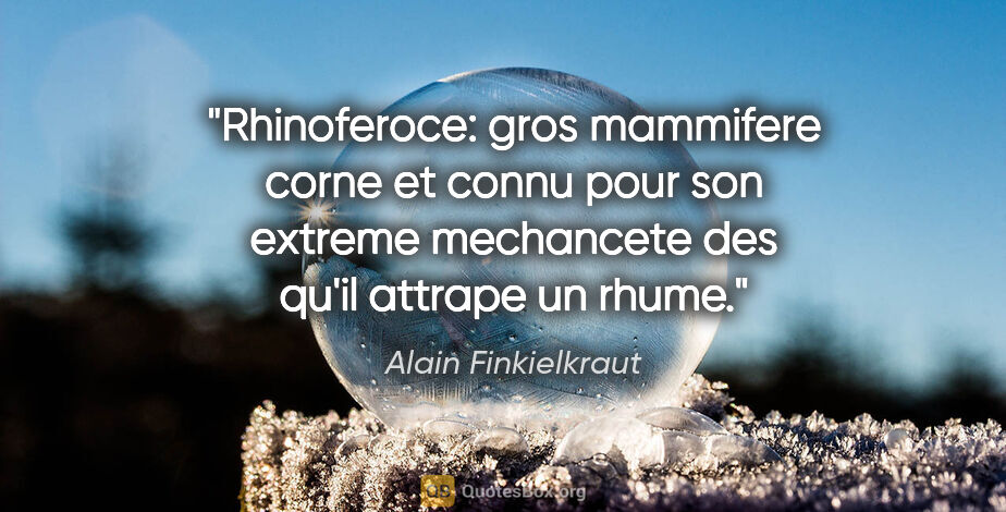 Alain Finkielkraut citation: "Rhinoferoce: gros mammifere corne et connu pour son extreme..."