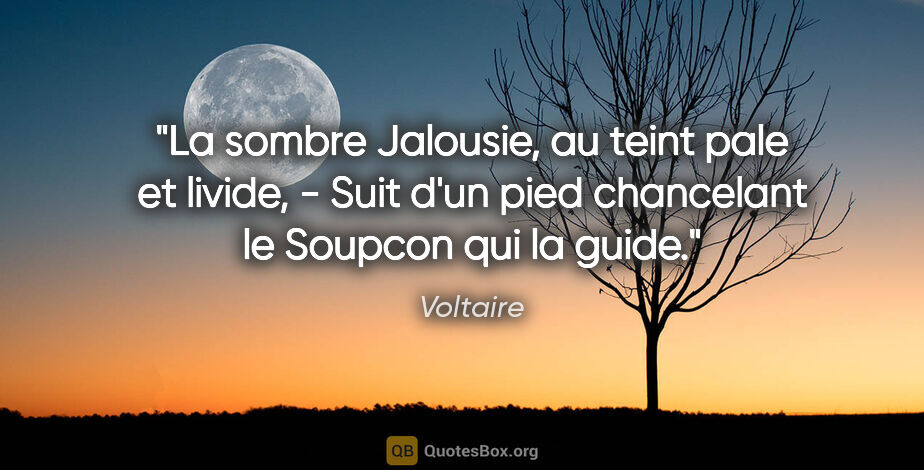 Voltaire citation: "La sombre Jalousie, au teint pale et livide, - Suit d'un pied..."