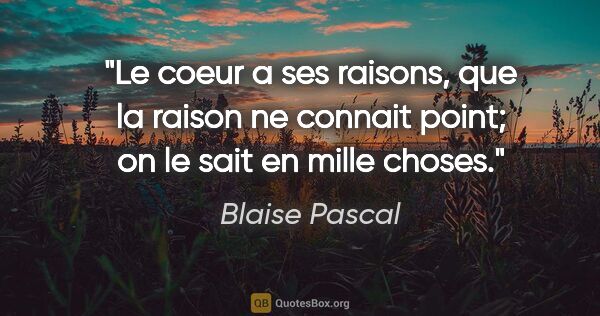 Blaise Pascal citation: "Le coeur a ses raisons, que la raison ne connait point; on le..."