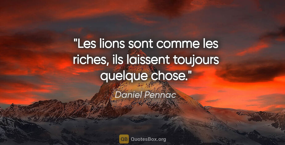 Daniel Pennac citation: "Les lions sont comme les riches, ils laissent toujours quelque..."