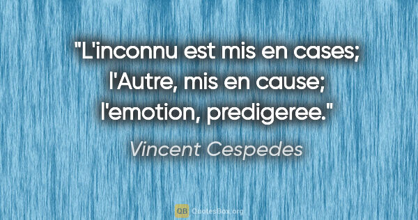 Vincent Cespedes citation: "L'inconnu est mis en cases; l'Autre, mis en cause; l'emotion,..."