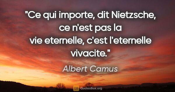 Albert Camus citation: "Ce qui importe, dit Nietzsche, ce n'est pas la vie eternelle,..."