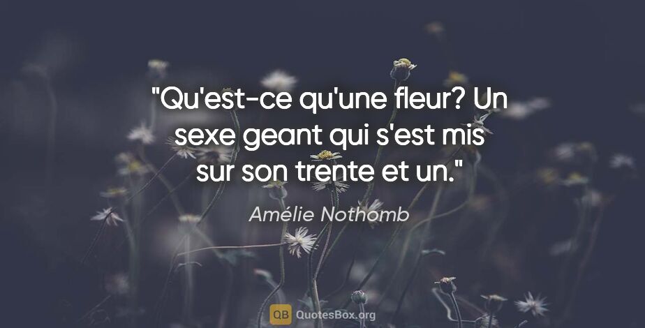 Amélie Nothomb citation: "Qu'est-ce qu'une fleur? Un sexe geant qui s'est mis sur son..."